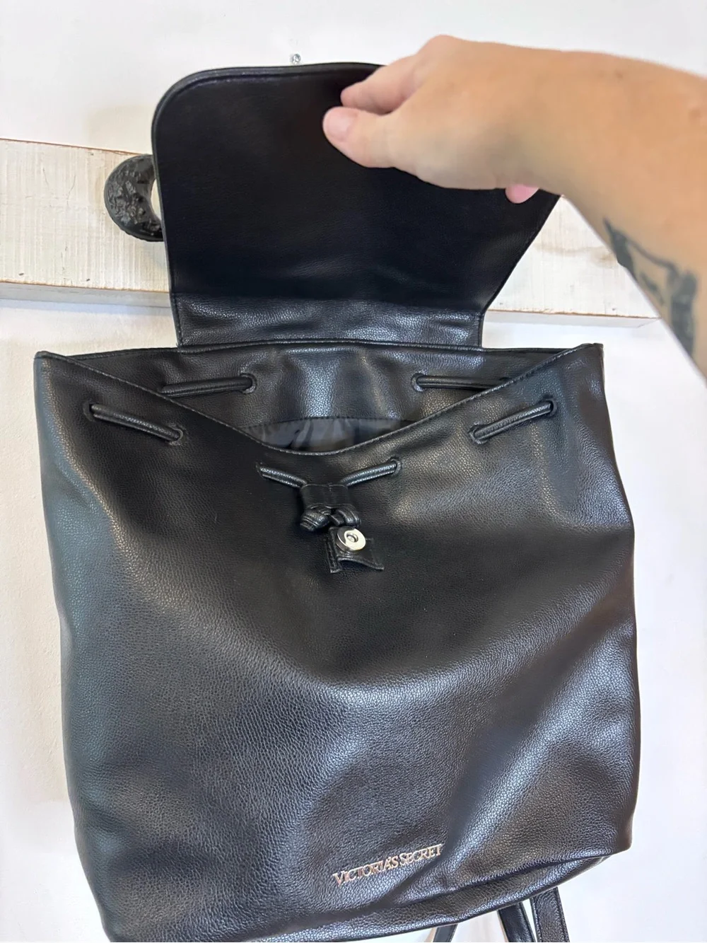 Victoria’s Secret NWT Black Leather Drawstring Backpack